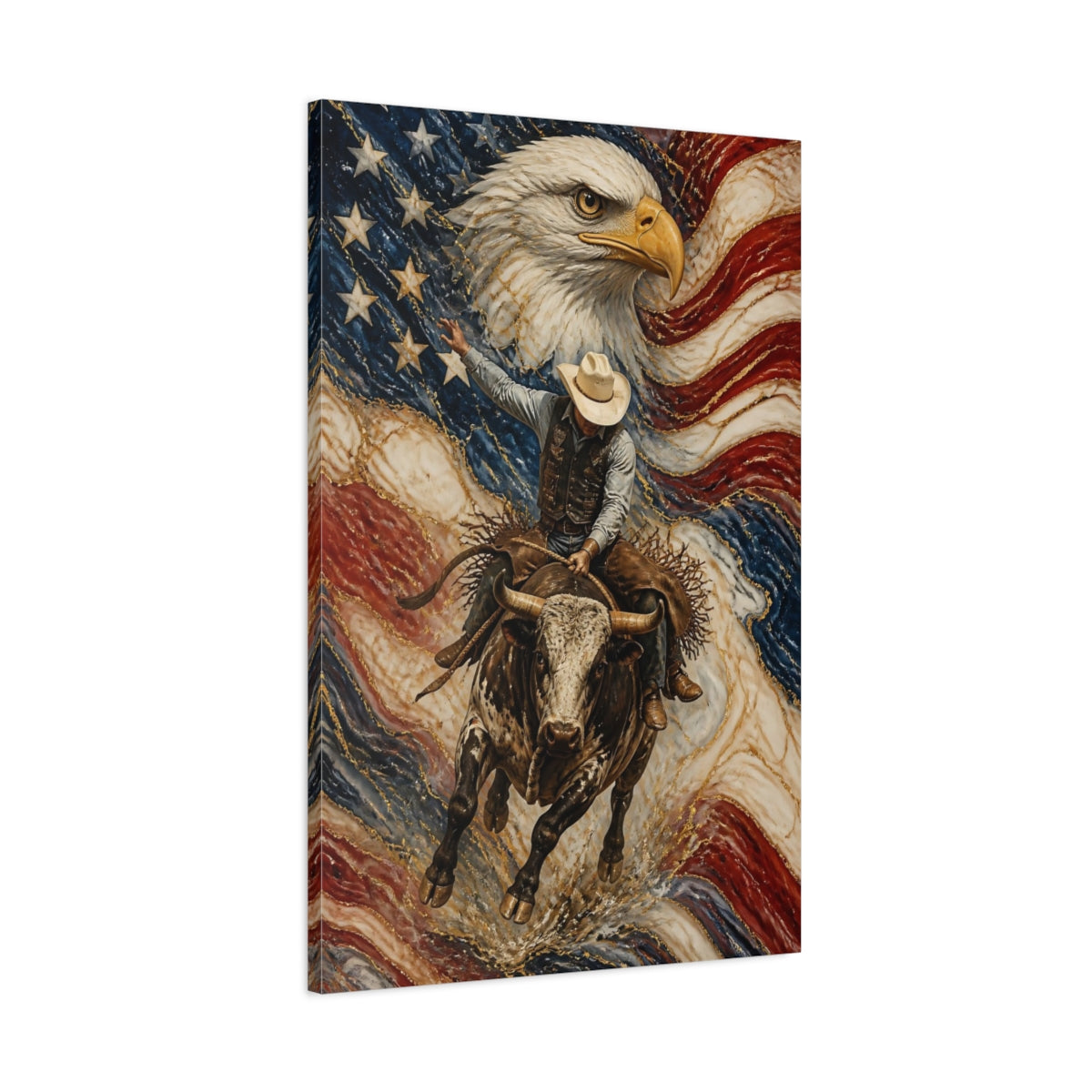 Main Mockup. Patriotic Rodeo Bull Rider shown as canvas print