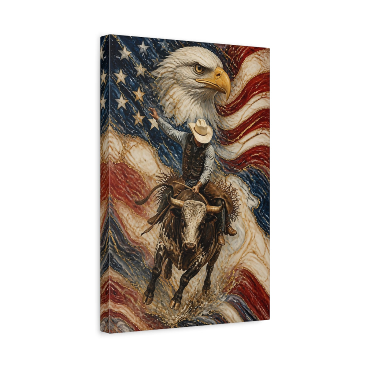 Side Mockup 4. Patriotic Rodeo Bull Rider shown as canvas print