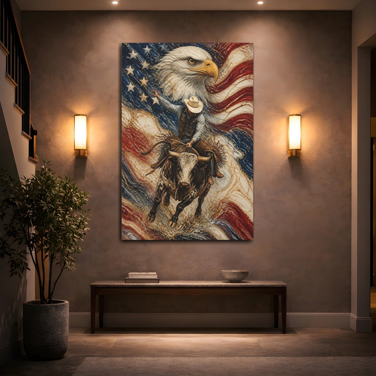 Mockup 2. Patriotic Rodeo Bull Rider shown as canvas print