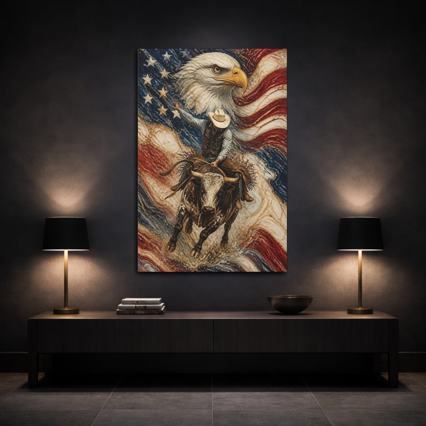 Mockup 3. Patriotic Rodeo Bull Rider shown as canvas print