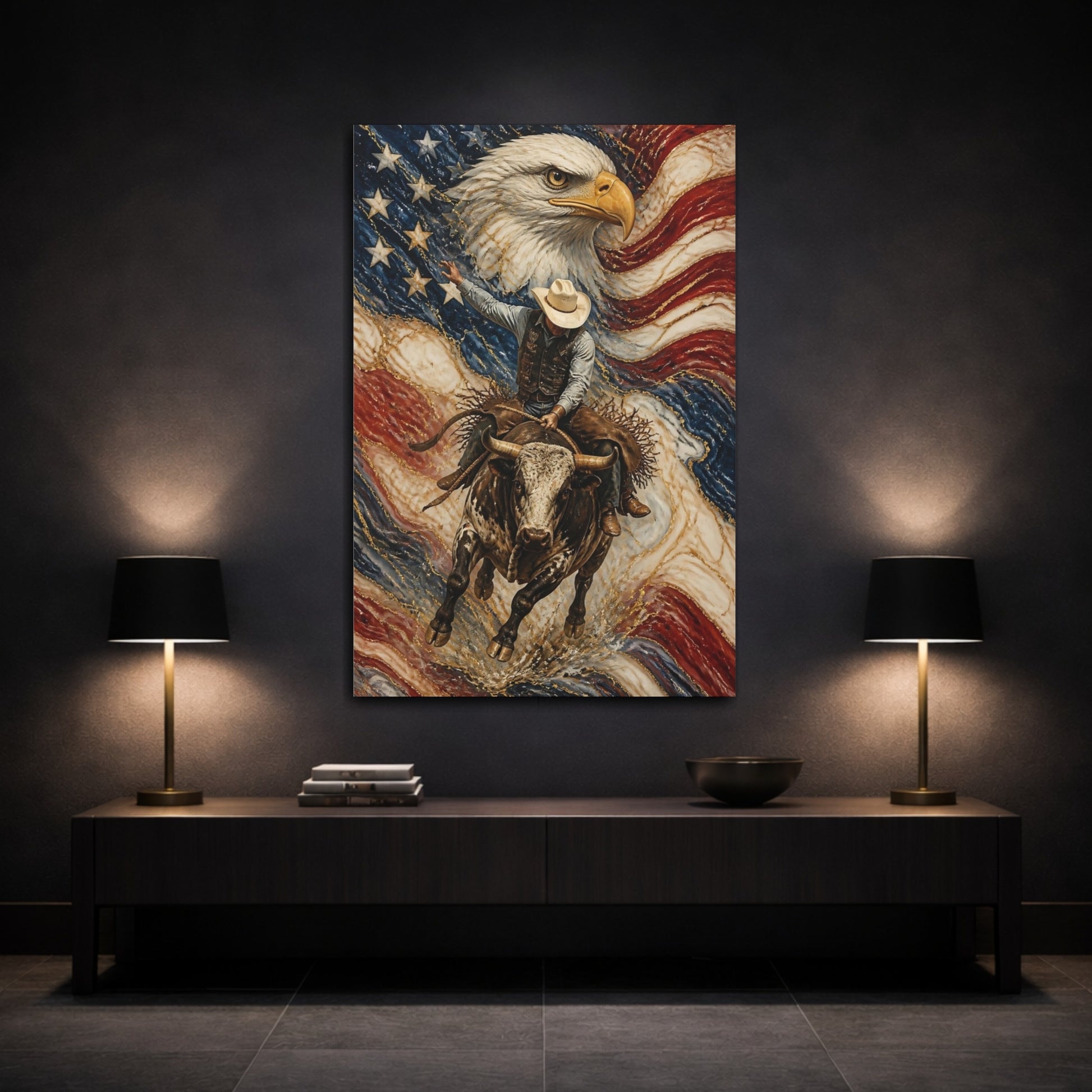 Mockup 3. Patriotic Rodeo Bull Rider shown as canvas print