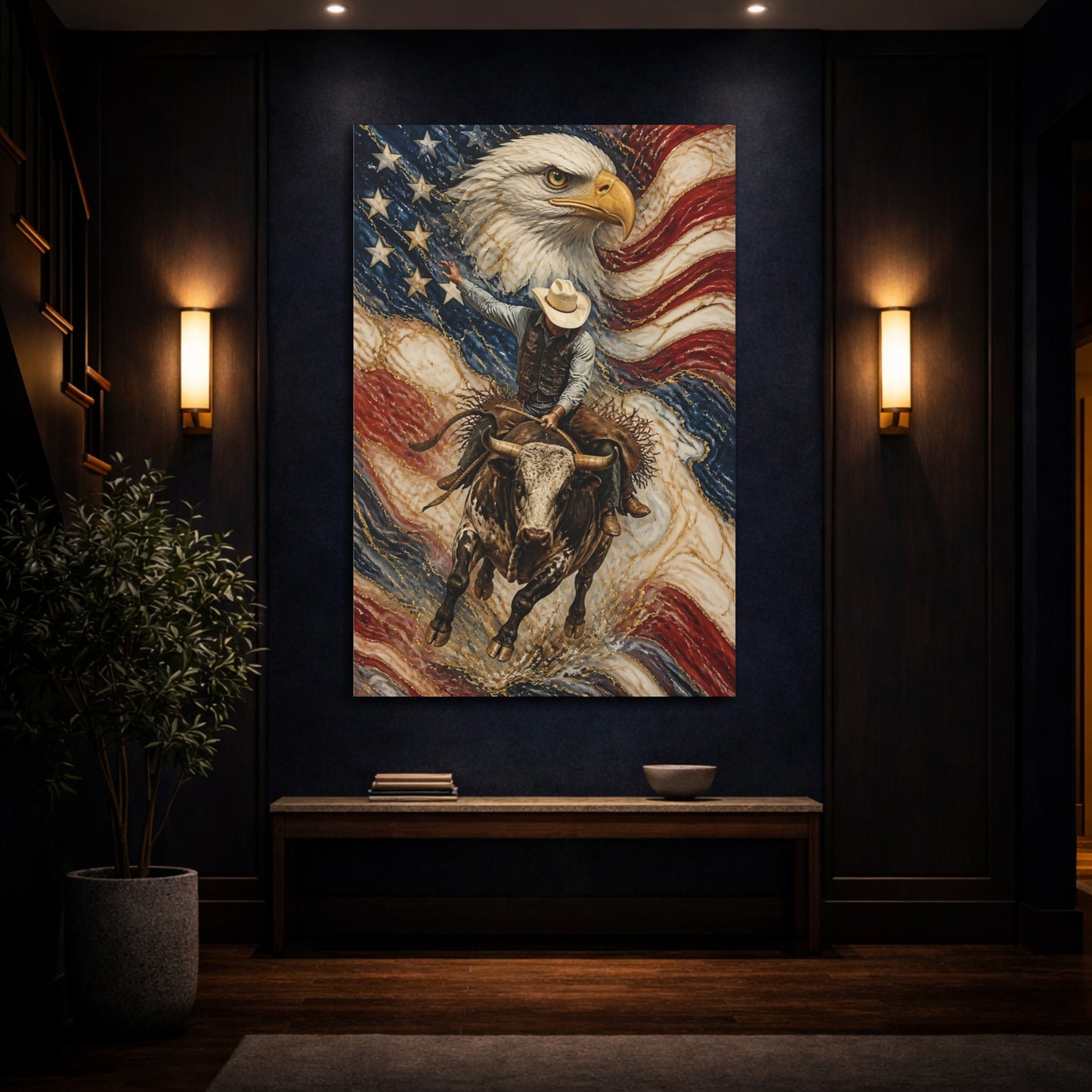Mockup 4. Patriotic Rodeo Bull Rider shown as canvas print