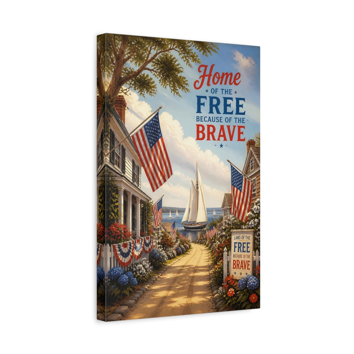 Side Mockup 4. Patriotic Sailboat Harbor shown as canvas print