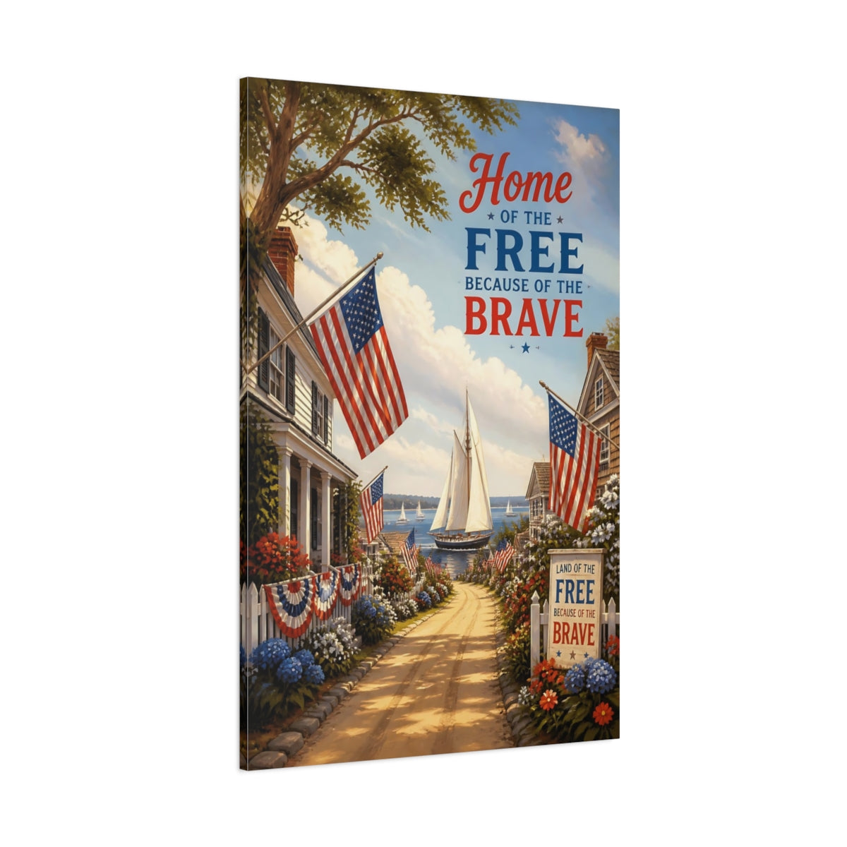 Side Mockup 1. Patriotic Sailboat Harbor shown as canvas print