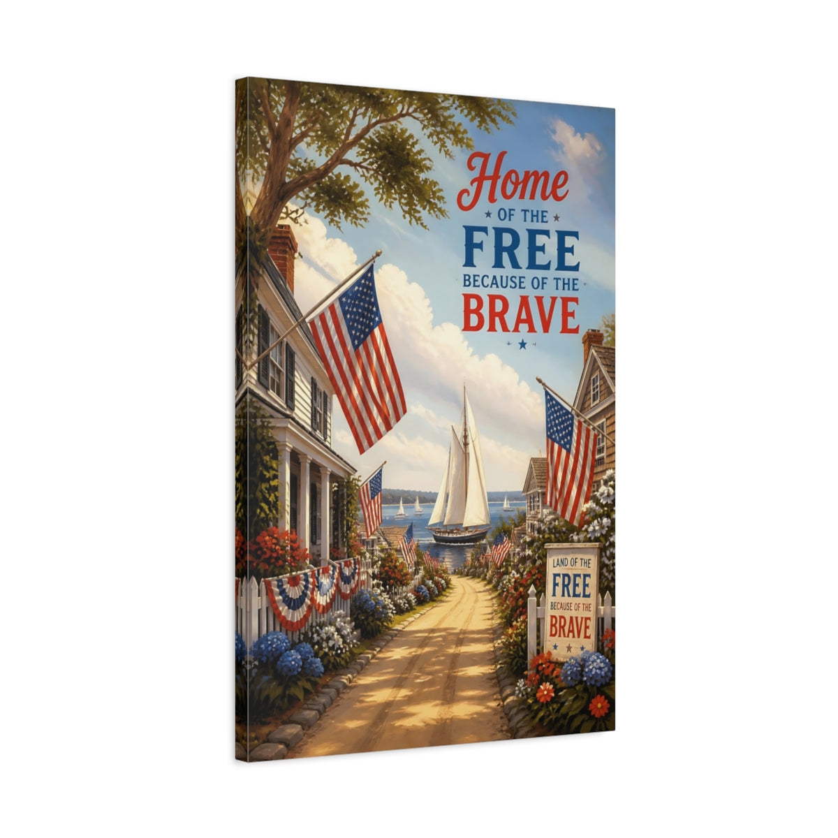 Side Mockup 2. Patriotic Sailboat Harbor shown as canvas print