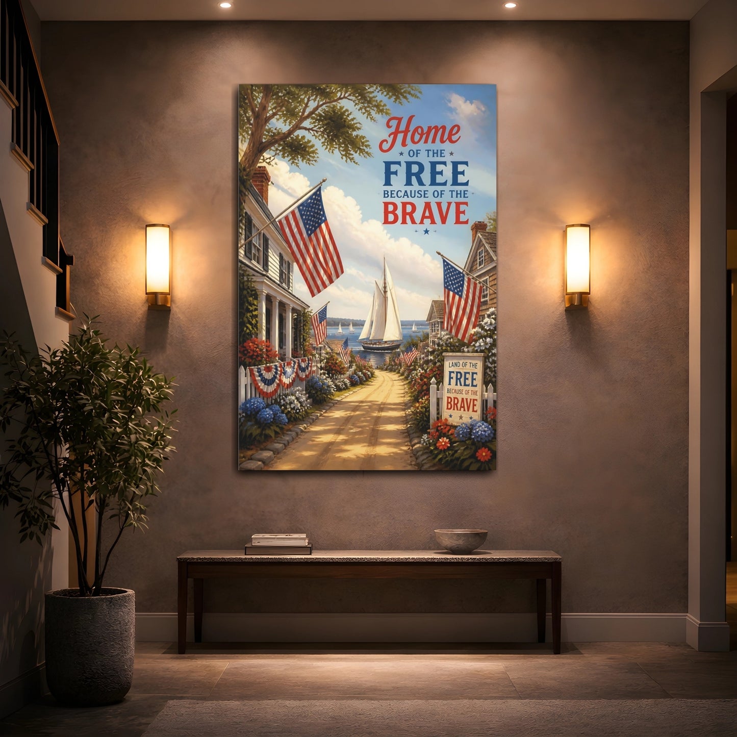Mockup 2. Patriotic Sailboat Harbor shown as canvas print