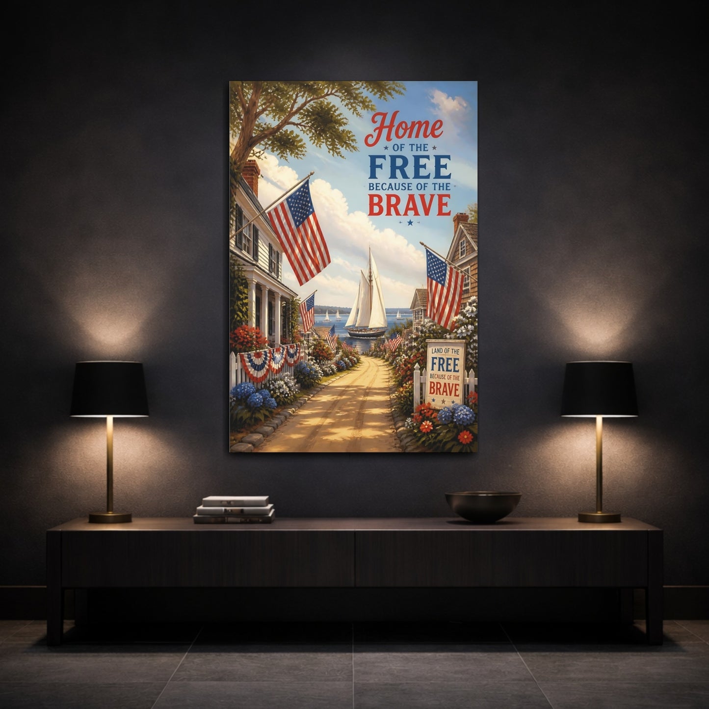 Mockup 3. Patriotic Sailboat Harbor shown as canvas print