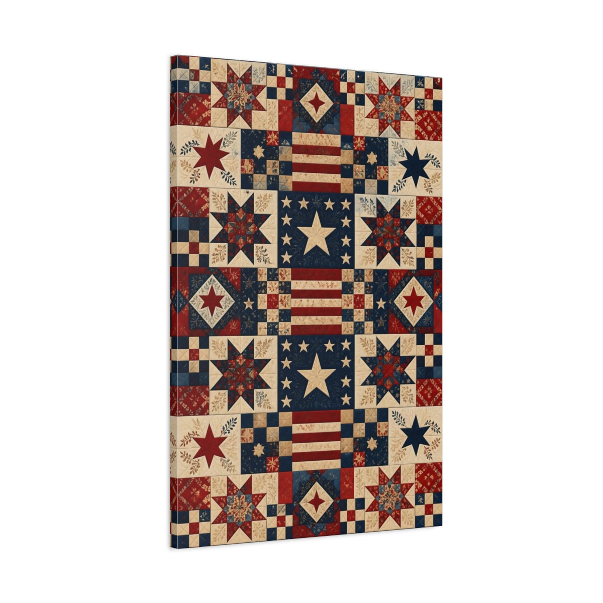 Main Mockup. Patriotic Star Quilt shown as canvas print