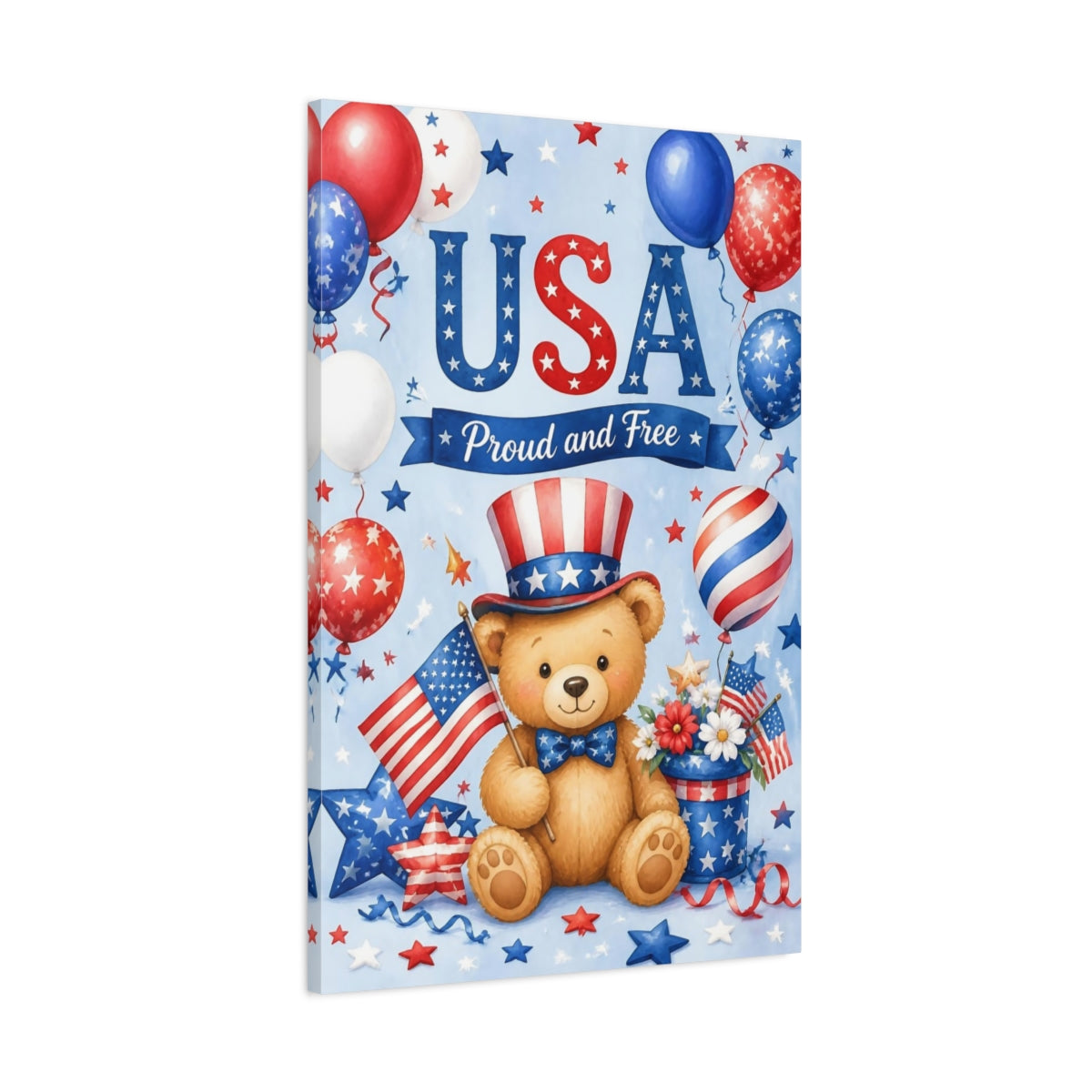 Main Mockup. Patriotic Teddy Bear shown as canvas print
