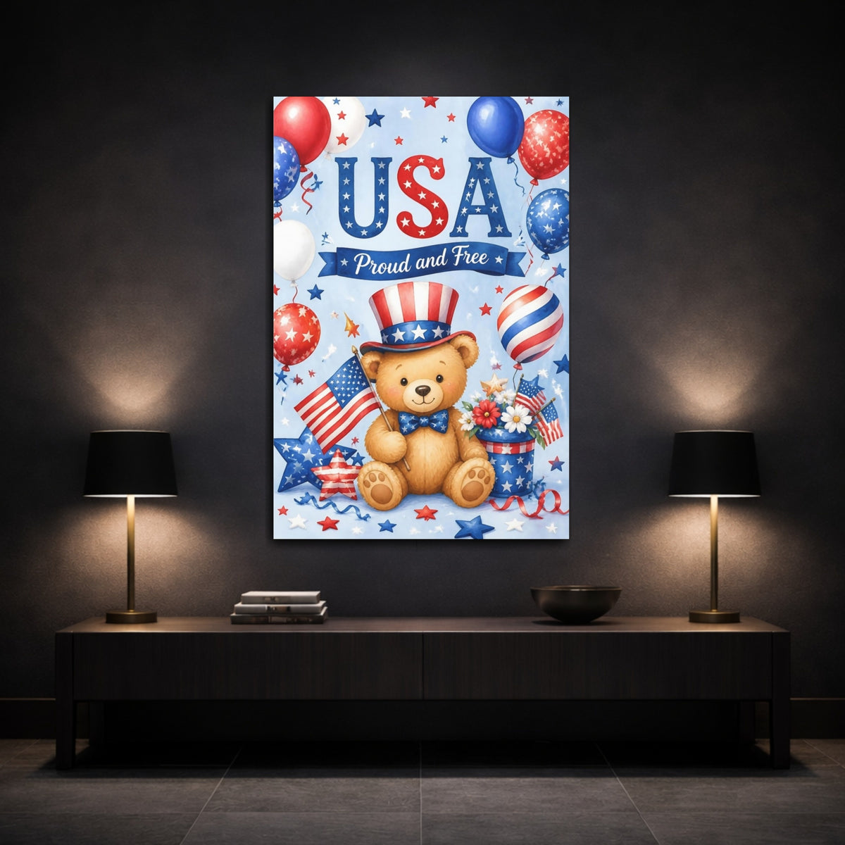 Mockup 3. Patriotic Teddy Bear shown as canvas print