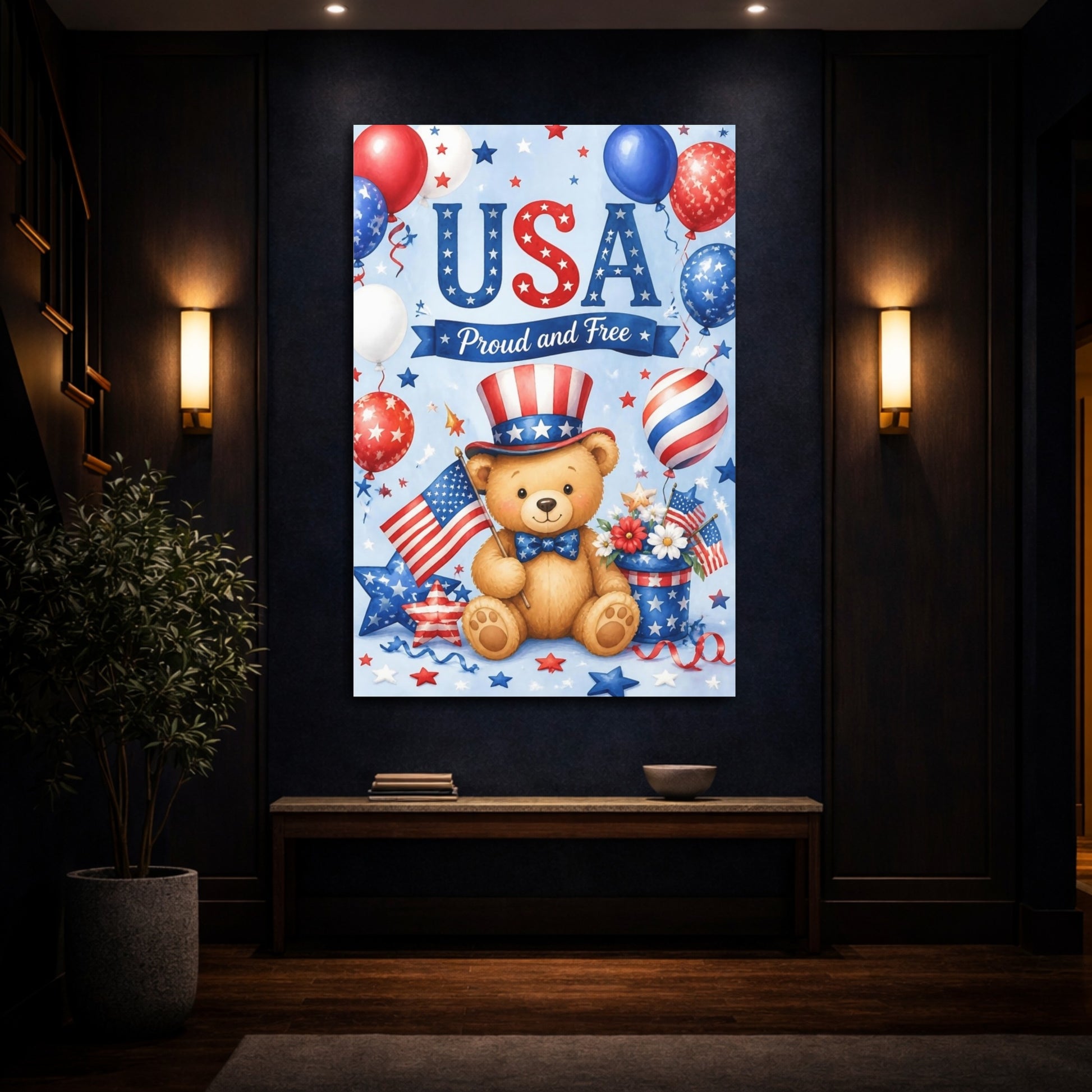 Mockup 4. Patriotic Teddy Bear shown as canvas print