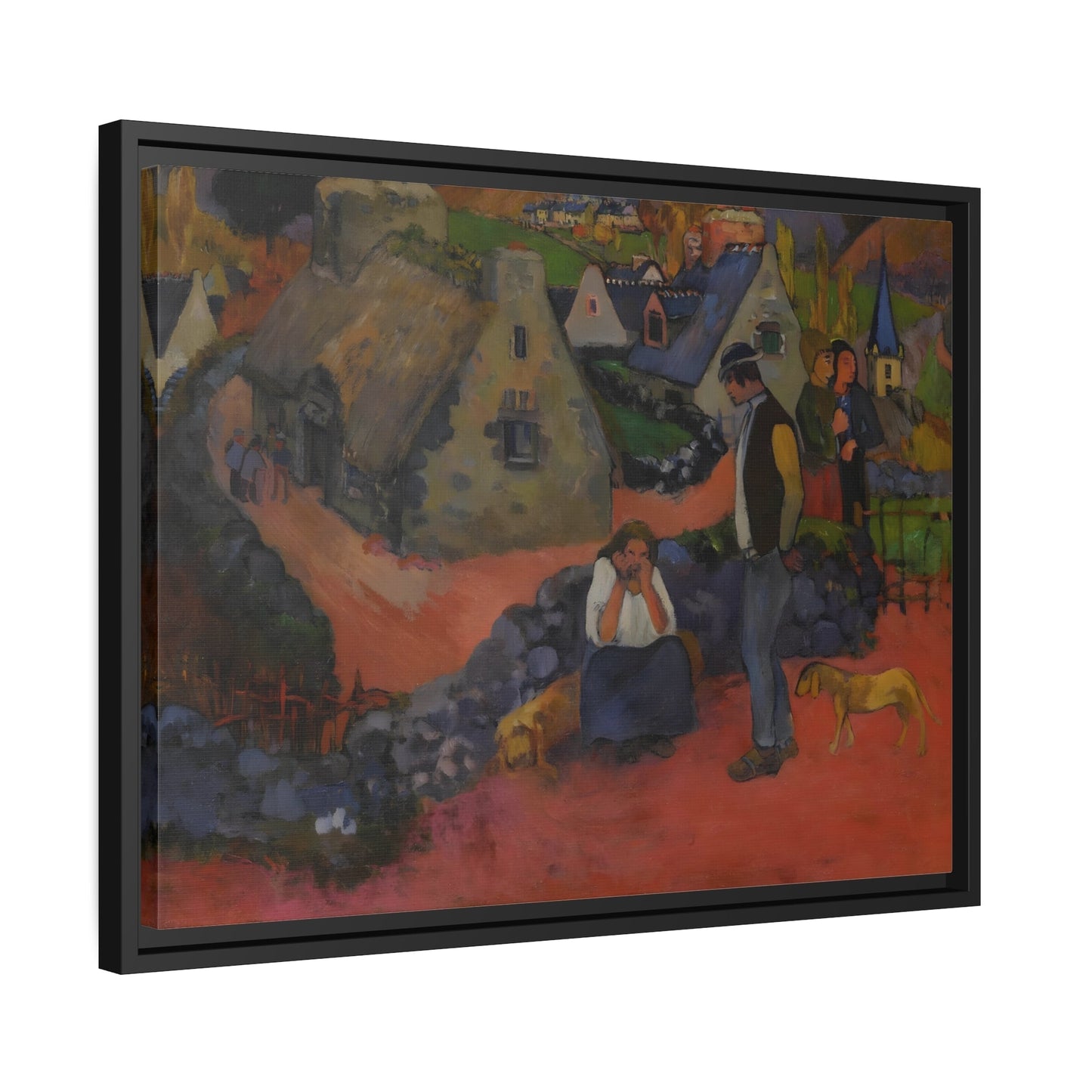 Paul Gauguin Drama in the Village - Framed Canvas Wall Art Print in Black Pinewood Frame