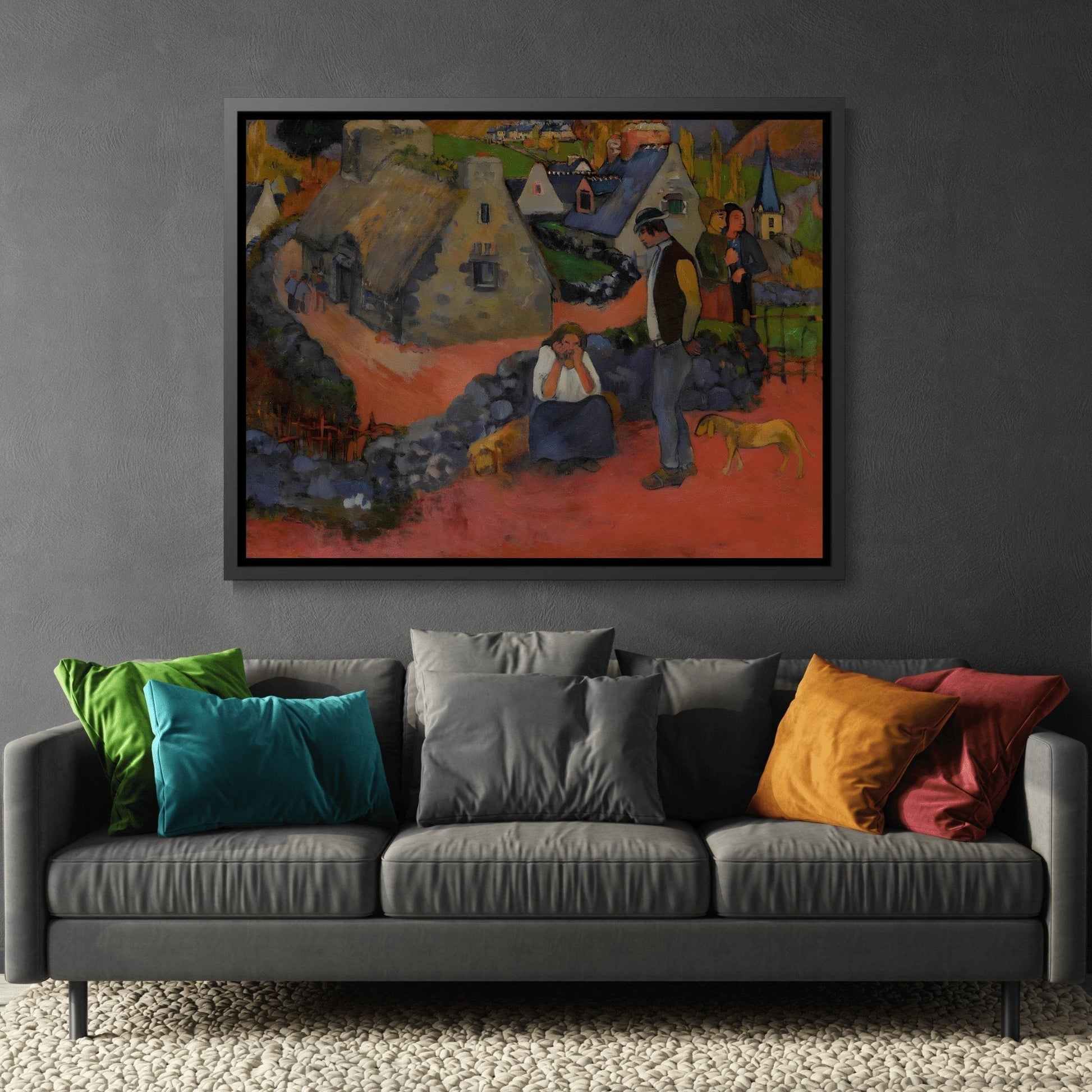 Paul Gauguin Drama in the Village - Framed Canvas Wall Art Print in Black Pinewood Frame