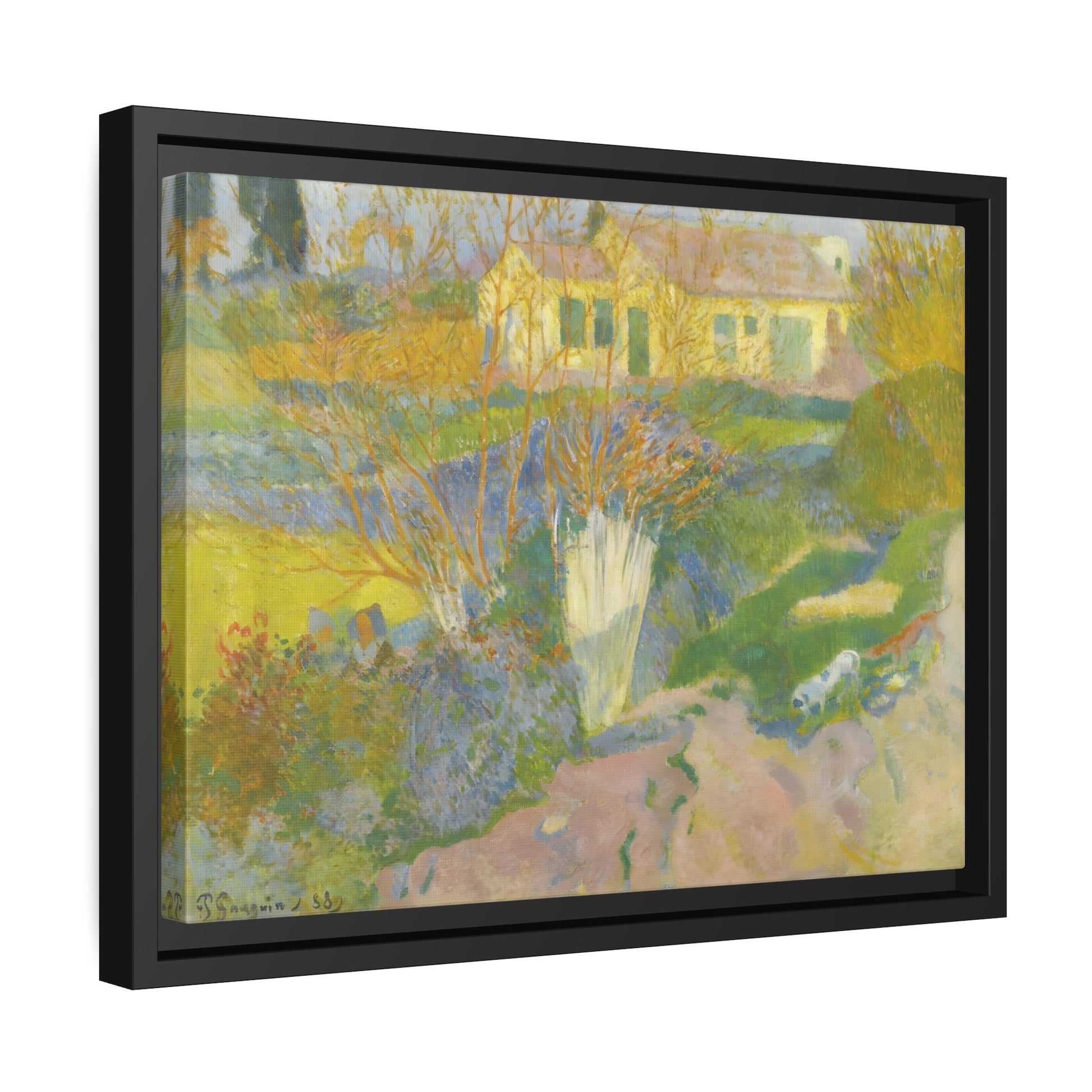 Paul Gauguin Les Mas Surroundings of Arles- Framed Canvas Wall Art Print in Black Pinewood Frame