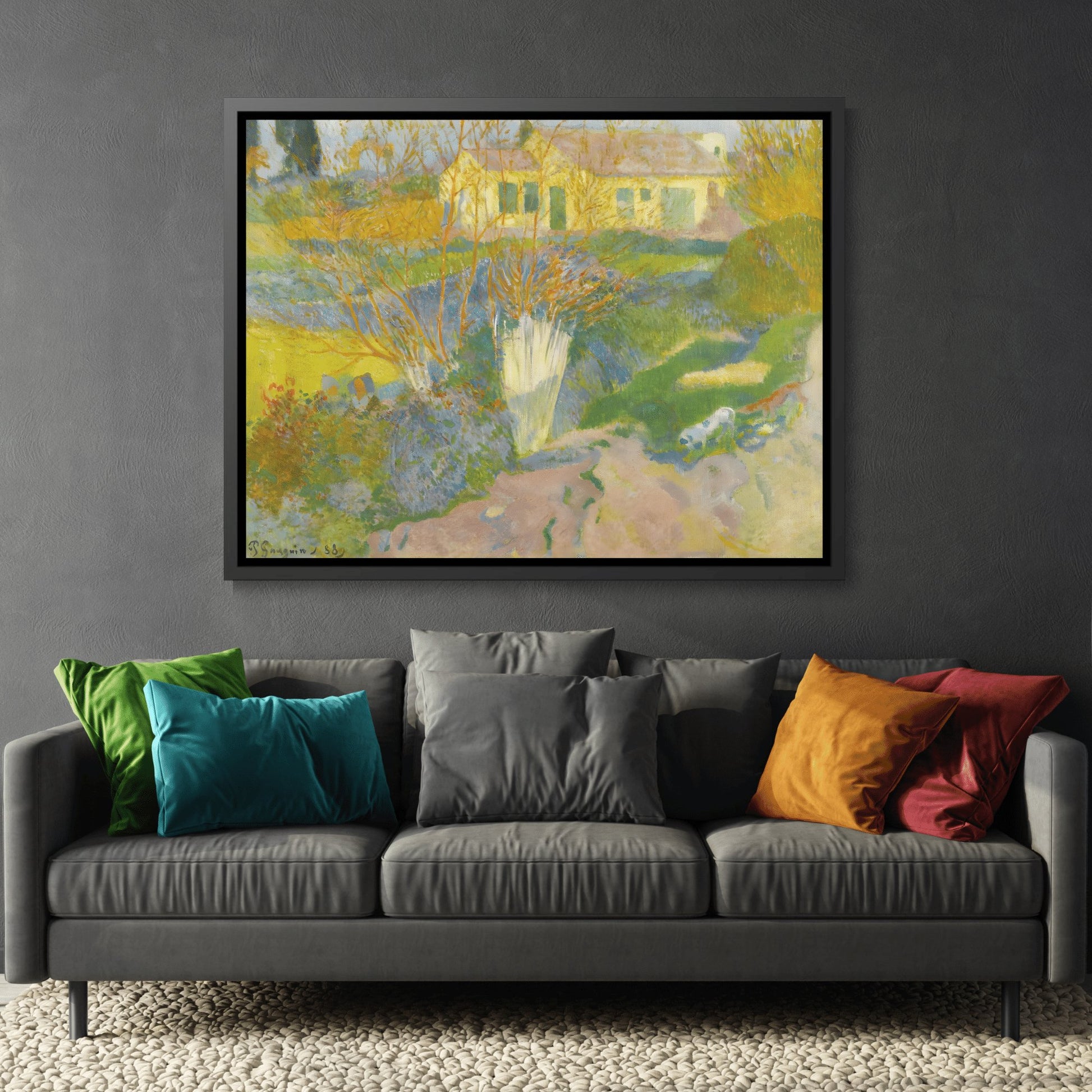 Paul Gauguin Les Mas Surroundings of Arles- Framed Canvas Wall Art Print in Black Pinewood Frame