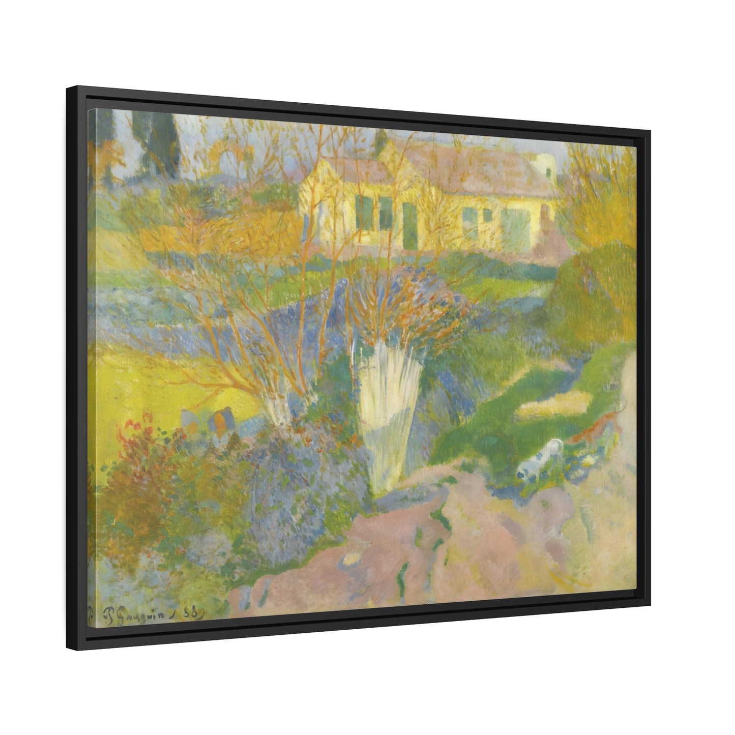 Paul Gauguin Les Mas Surroundings of Arles- Framed Canvas Wall Art Print in Black Pinewood Frame