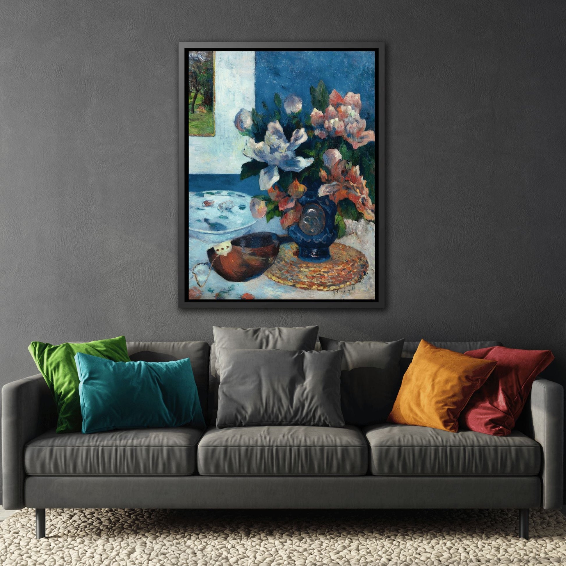 Paul Gauguin Still Life Chinese Peonies and Mandolin - Framed Canvas Art Reproduction