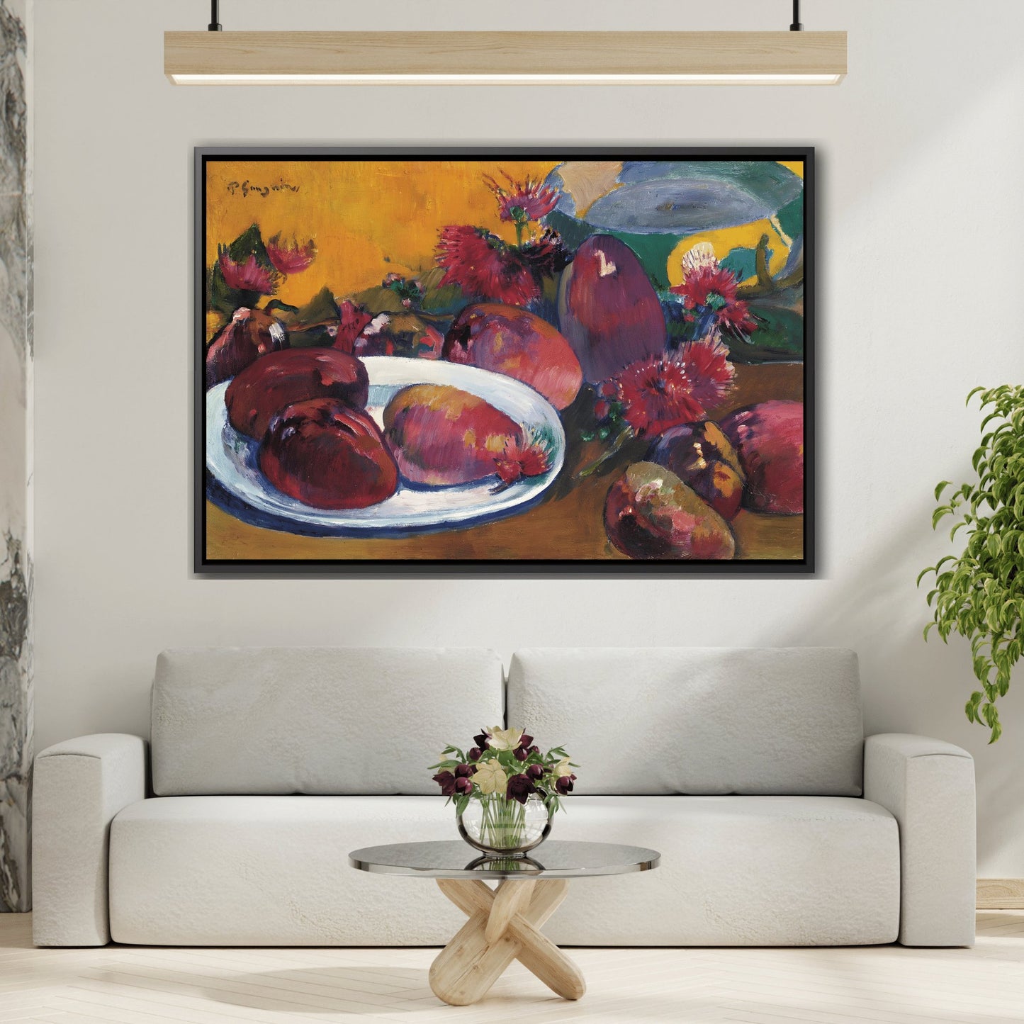 Paul Gauguin Still Life with Mangoes - Framed Fruits Canvas Wall Art Print in Black Pinewood Frame