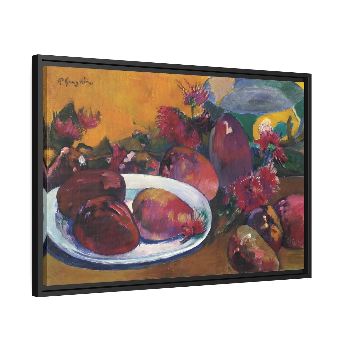 Paul Gauguin Still Life with Mangoes - Framed Fruits Canvas Wall Art Print in Black Pinewood Frame