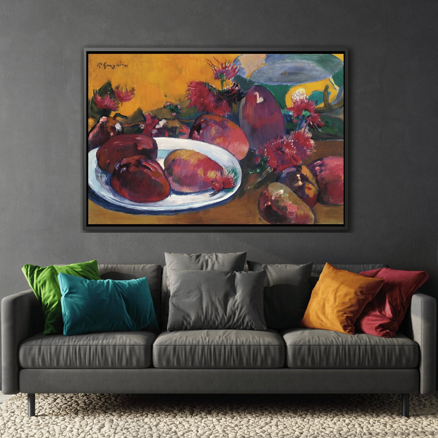 Paul Gauguin Still Life with Mangoes - Framed Fruits Canvas Wall Art Print in Black Pinewood Frame