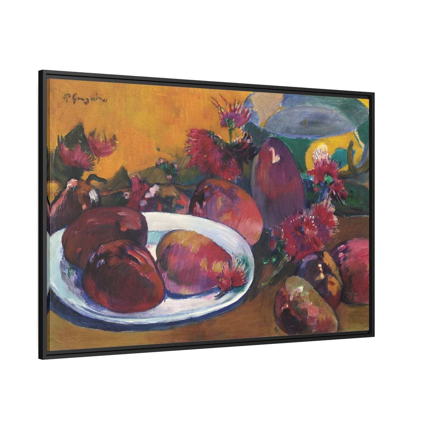 Paul Gauguin Still Life with Mangoes - Framed Fruits Canvas Wall Art Print in Black Pinewood Frame