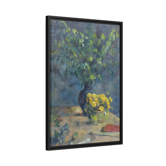 Paul Gauguin Two Vases of Flowers and a Fan - Black Framed Canvas Art