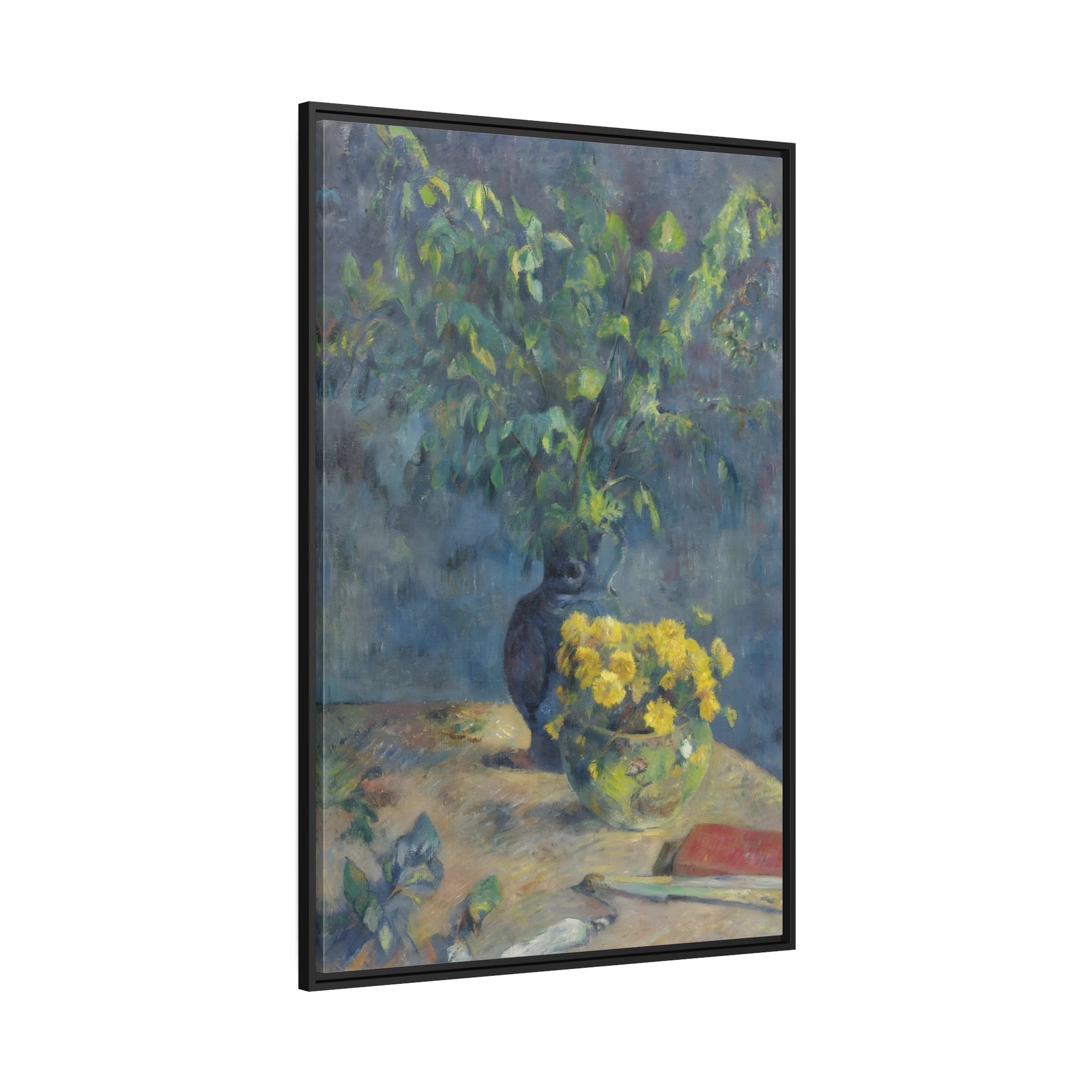 Paul Gauguin Two Vases of Flowers and a Fan - Black Framed Canvas Art