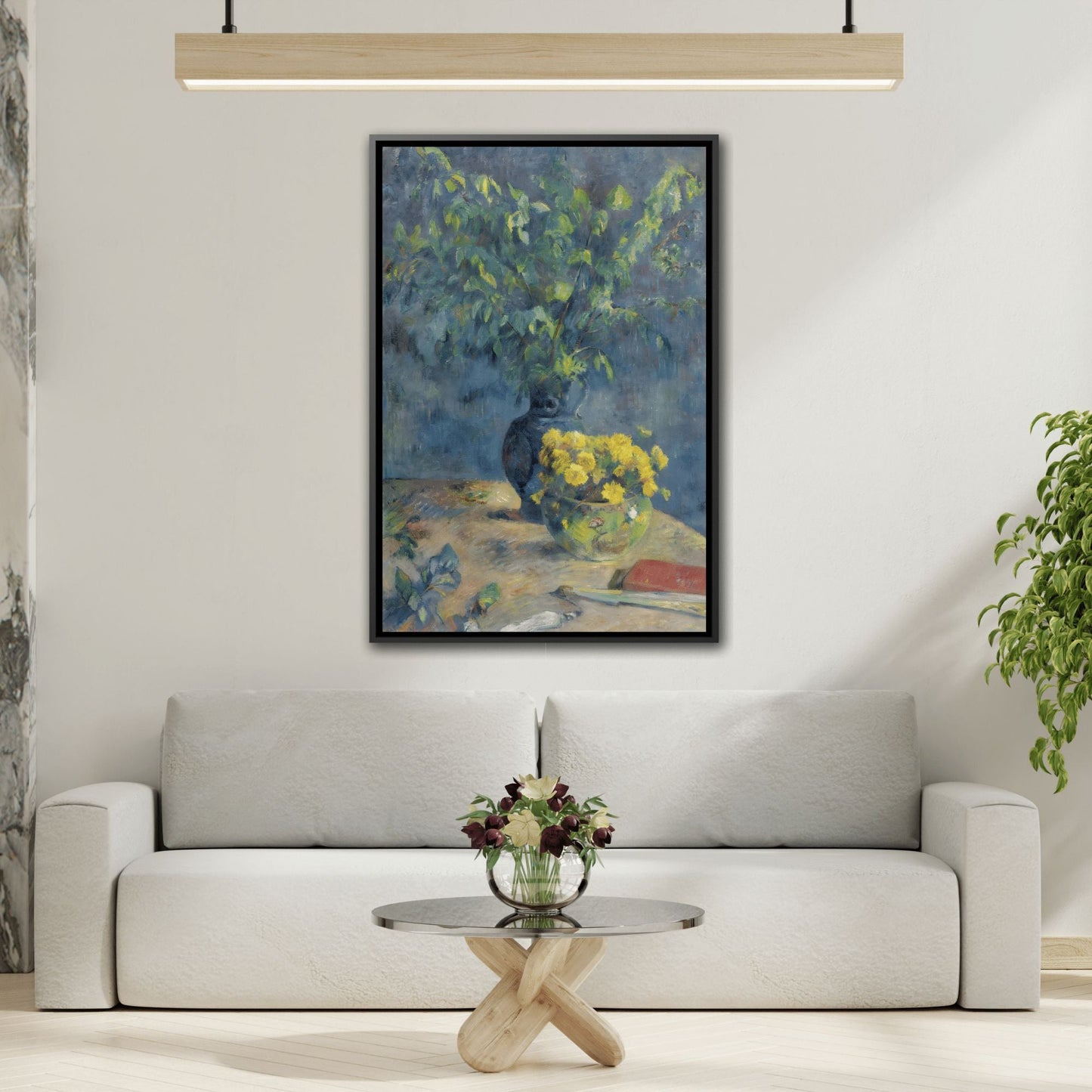 Paul Gauguin Two Vases of Flowers and a Fan - Black Framed Canvas Art