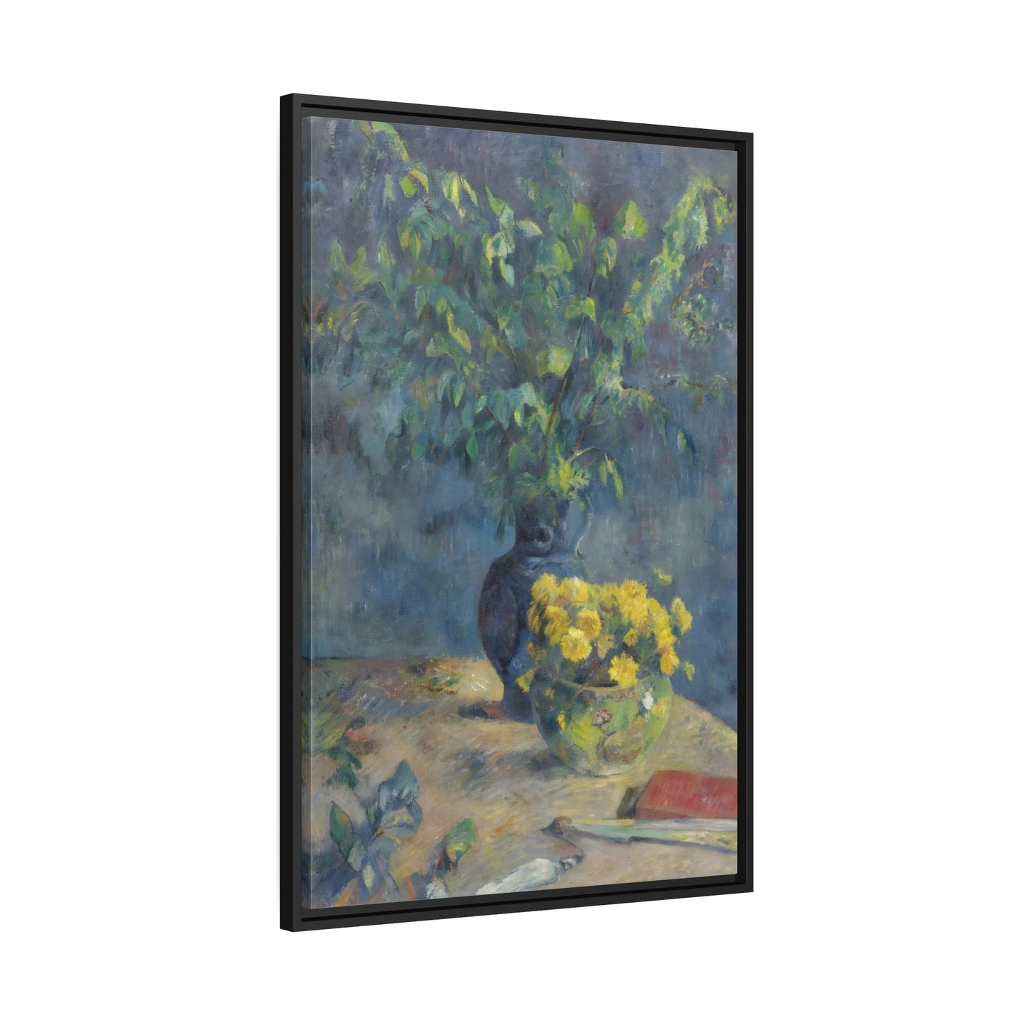 Paul Gauguin Two Vases of Flowers and a Fan - Black Framed Canvas Art