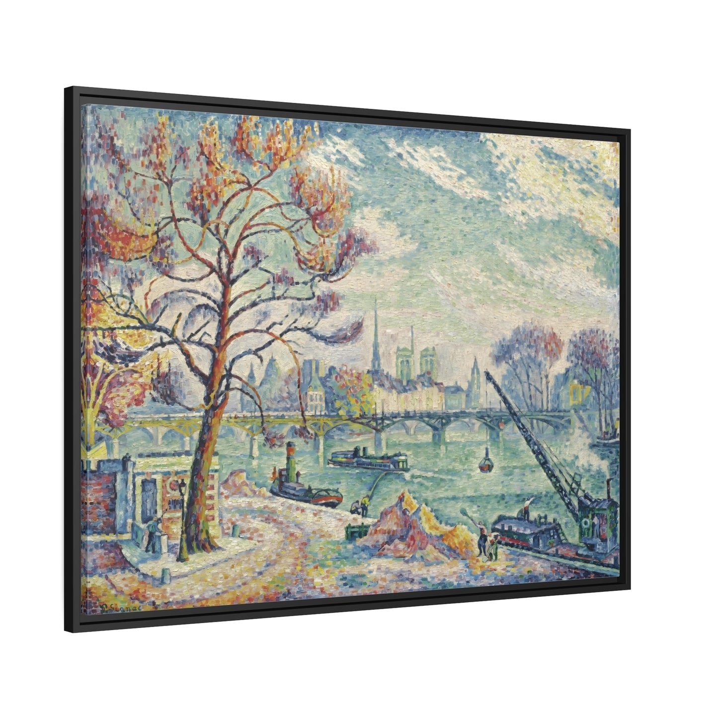 Paul Signac Pont Des Arts Paris - Framed Canvas Wall Art Print in Black Pinewood Frame