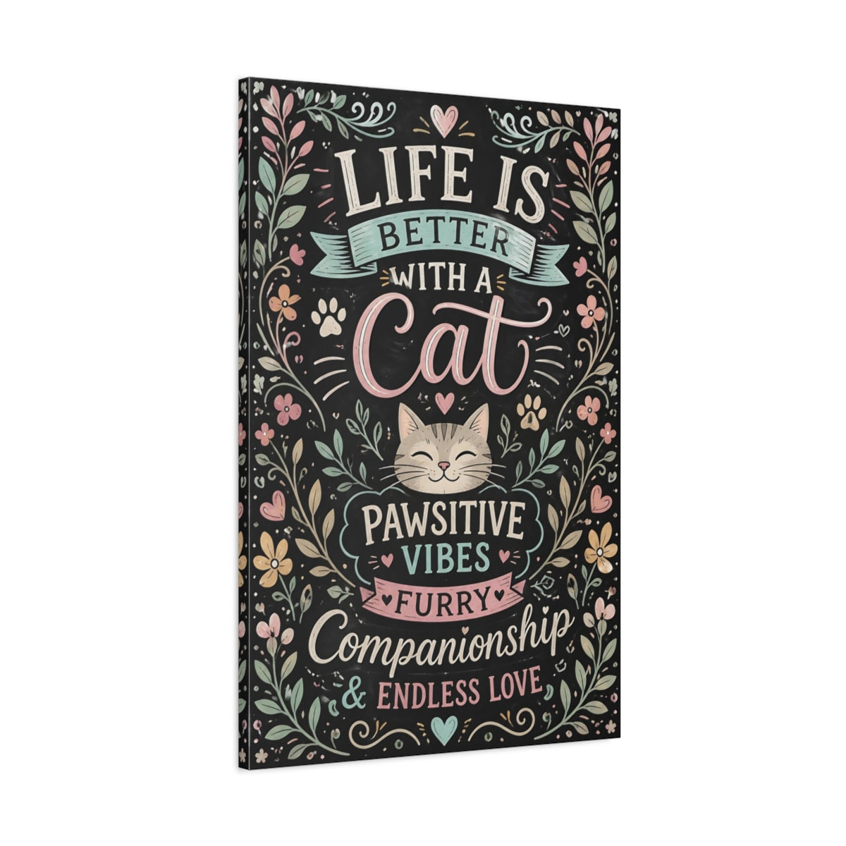 Main Mockup. Pawsitive Cat Quote shown as canvas print