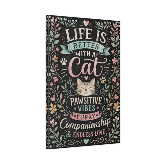 Main Mockup. Pawsitive Cat Quote shown as canvas print