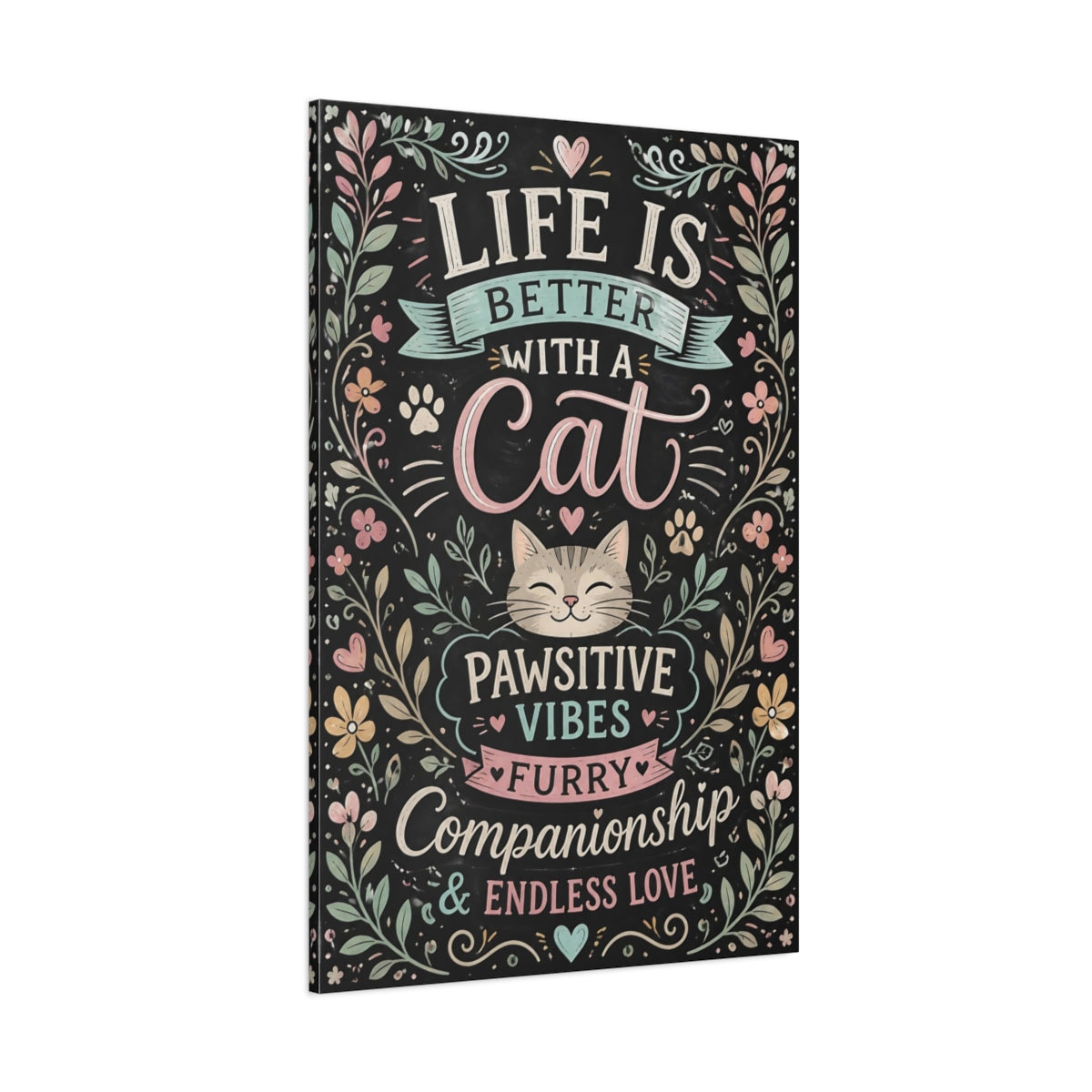 Side Mockup 1. Pawsitive Cat Quote shown as canvas print