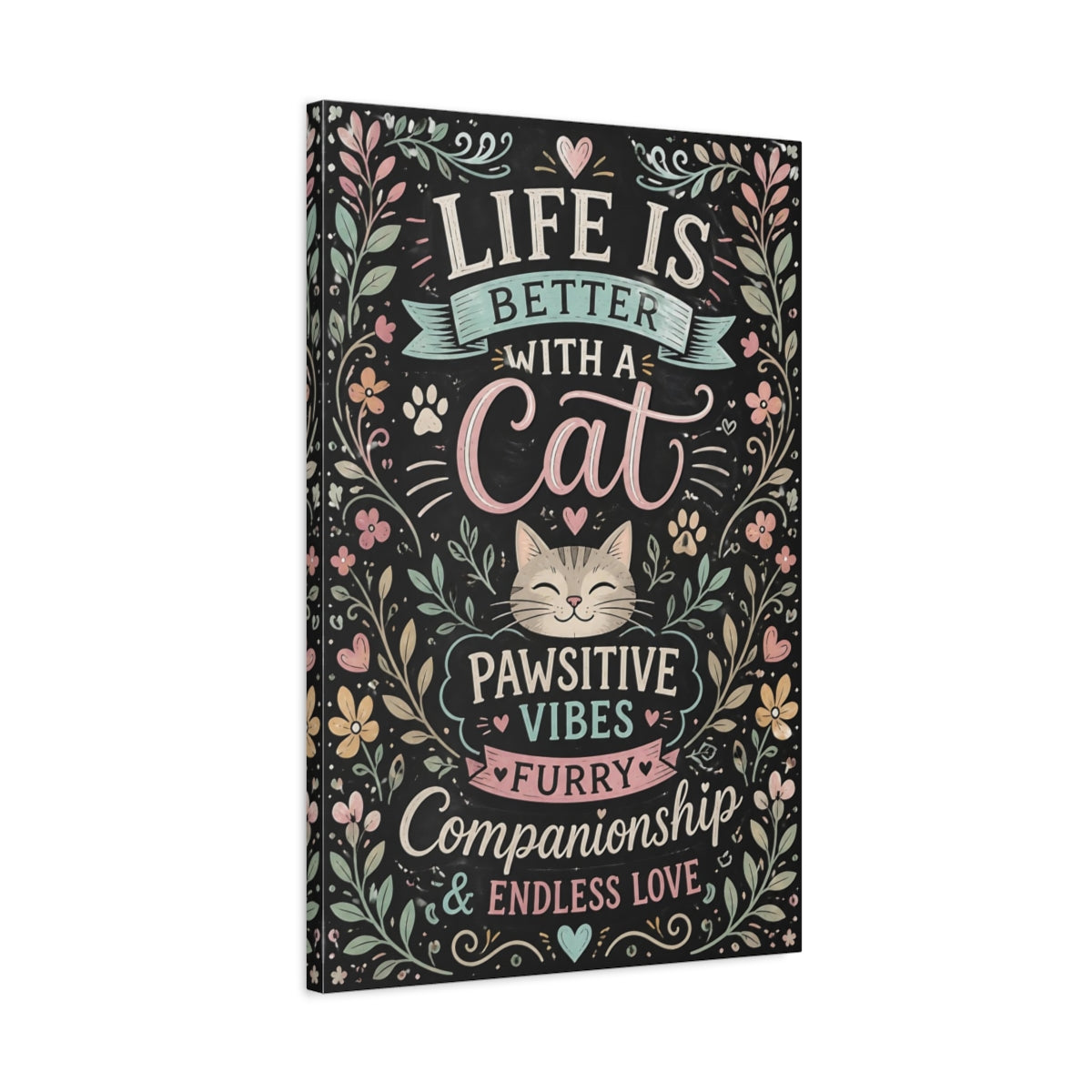 Side Mockup 2. Pawsitive Cat Quote shown as canvas print