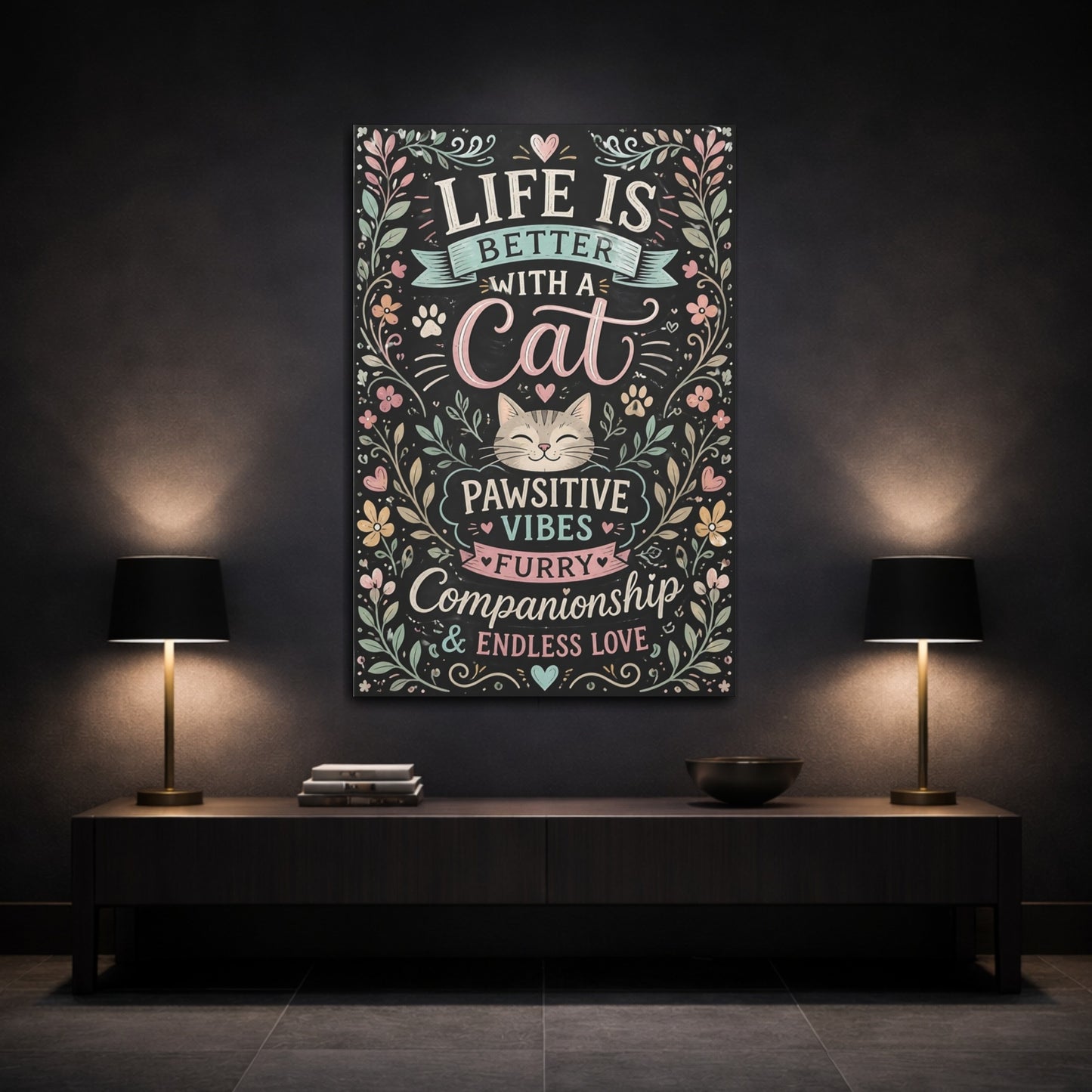 Mockup 3. Pawsitive Cat Quote shown as canvas print