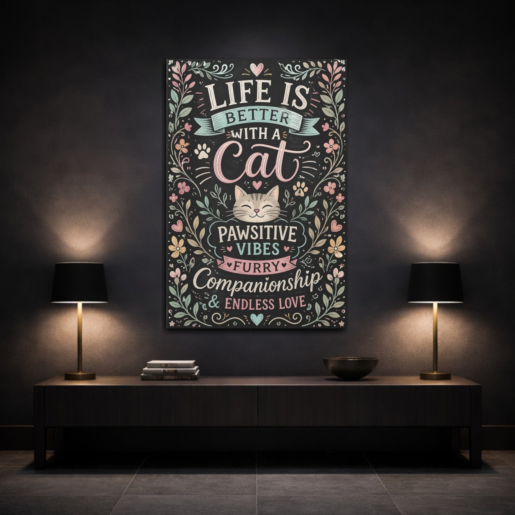 Mockup 3. Pawsitive Cat Quote shown as canvas print