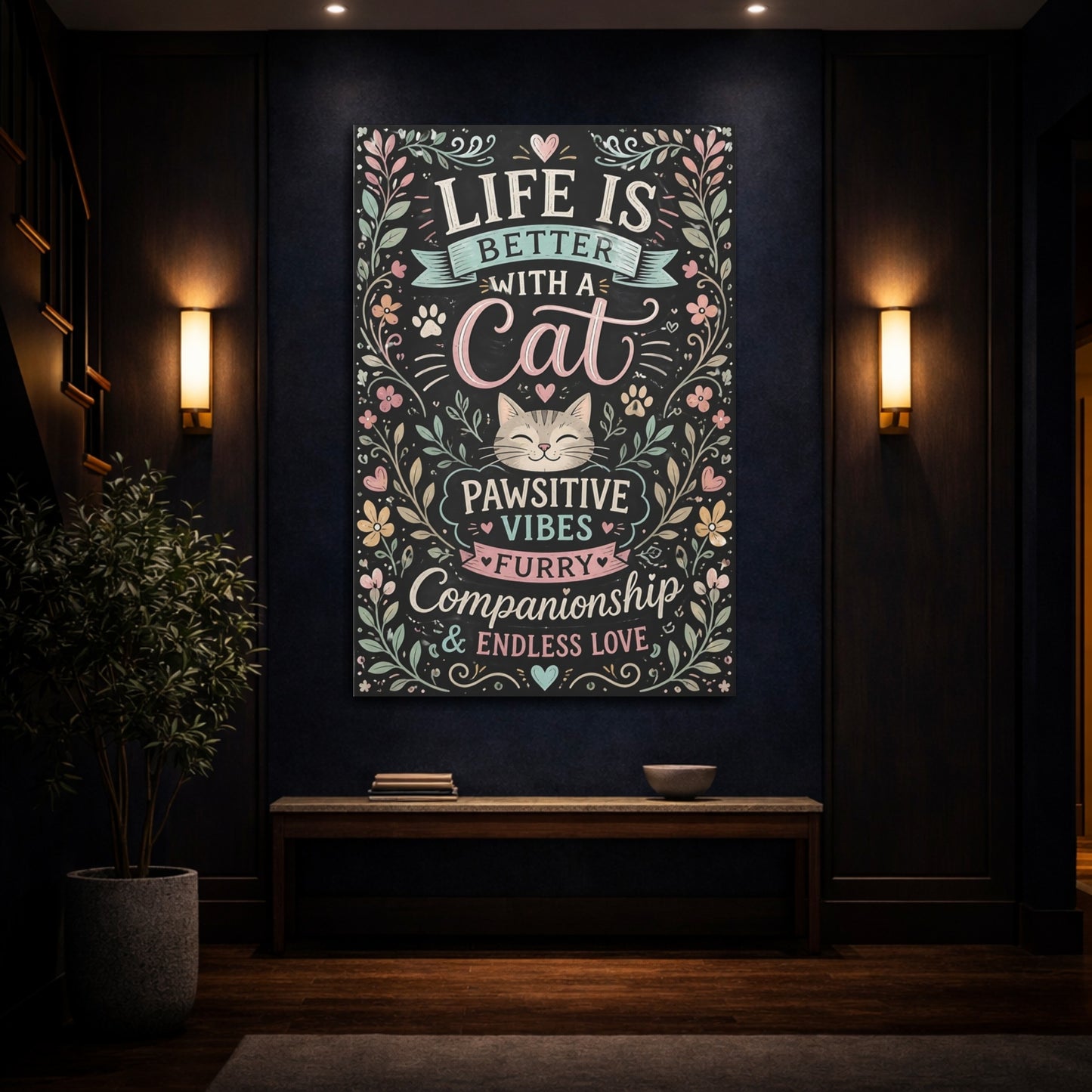 Mockup 4. Pawsitive Cat Quote shown as canvas print