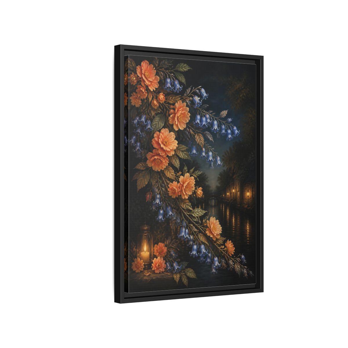 Side Mockup 3. Peach And Bluebell Flowers shown as framed canvas print
