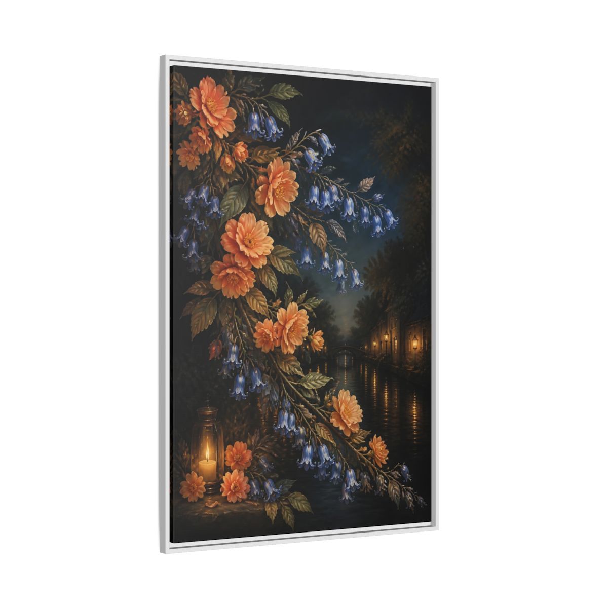 Side Mockup 7. Peach And Bluebell Flowers shown as framed canvas print