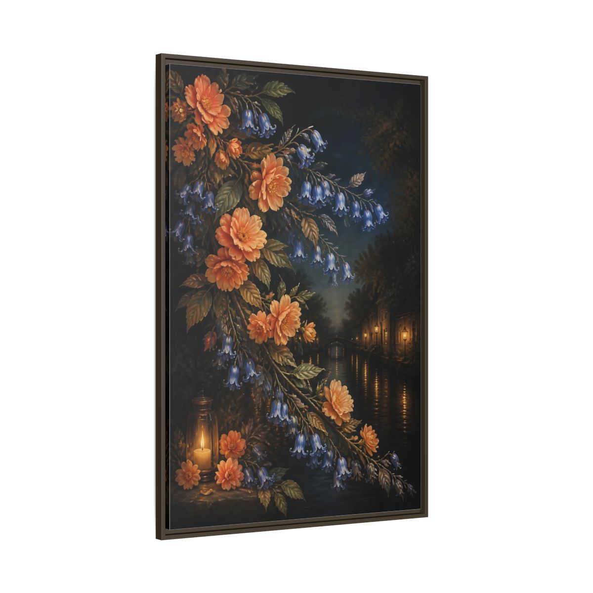 Side Mockup 8. Peach And Bluebell Flowers shown as framed canvas print
