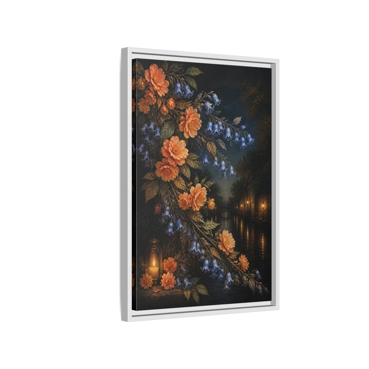 Side Mockup 1. Peach And Bluebell Flowers shown as framed canvas print