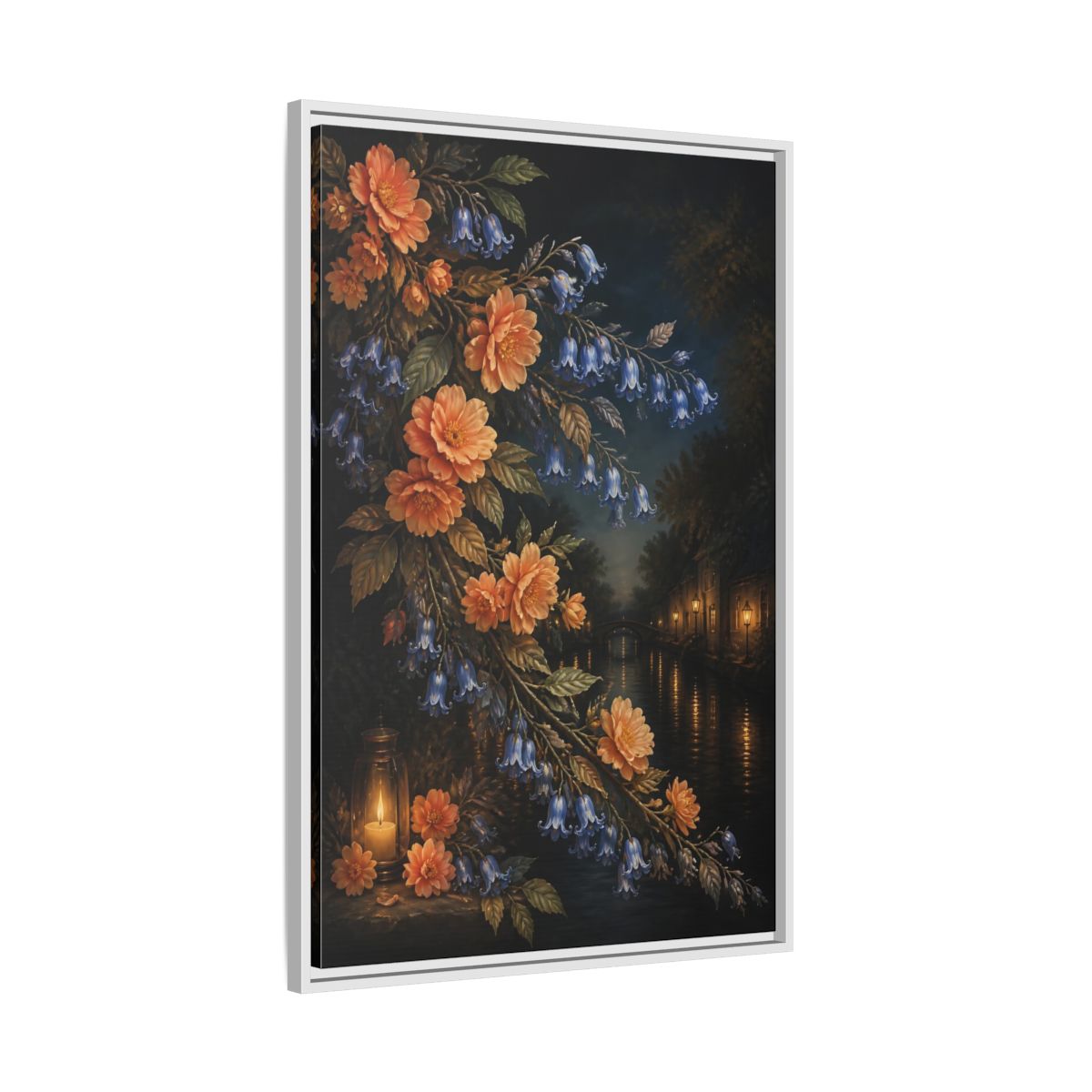 Side Mockup 9. Peach And Bluebell Flowers shown as framed canvas print