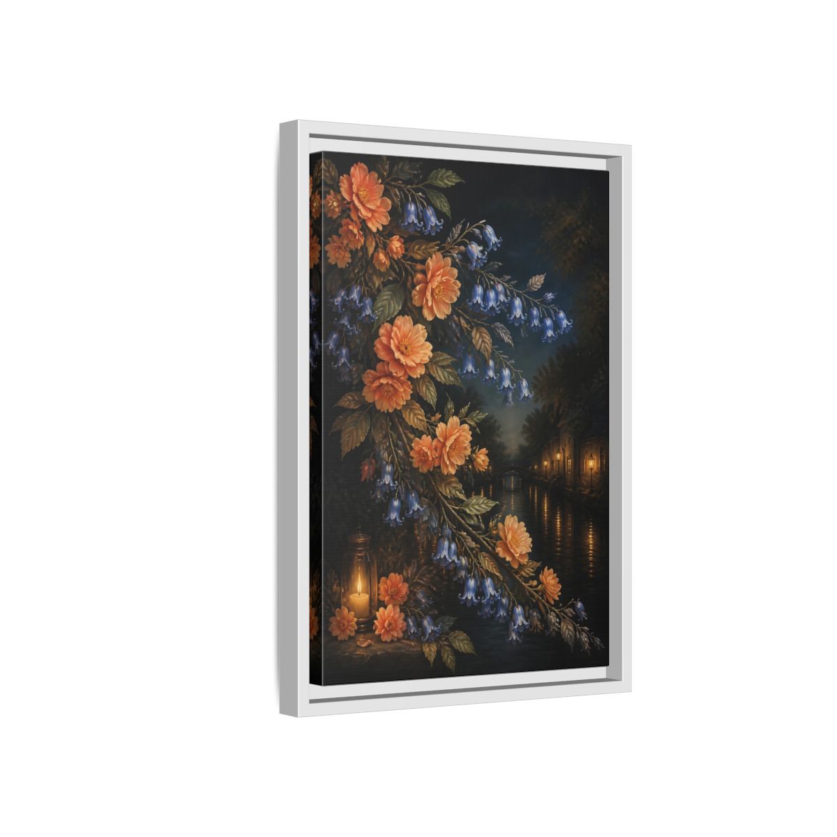 Side Mockup 4. Peach And Bluebell Flowers shown as framed canvas print