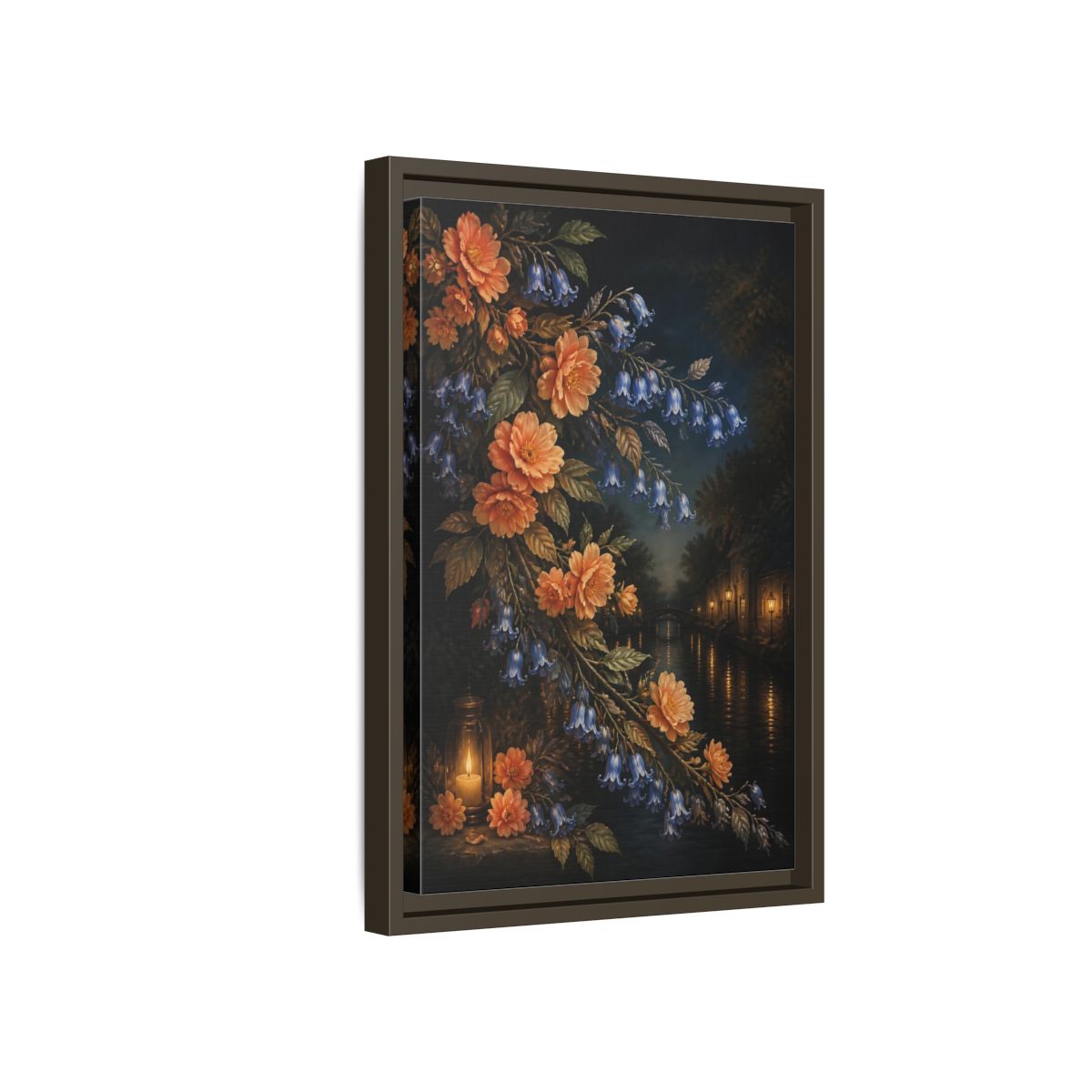 Side Mockup 5. Peach And Bluebell Flowers shown as framed canvas print