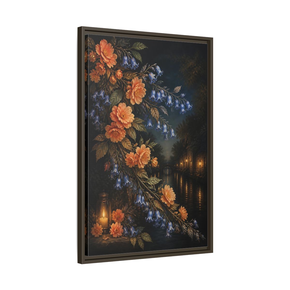 Side Mockup 11. Peach And Bluebell Flowers shown as framed canvas print