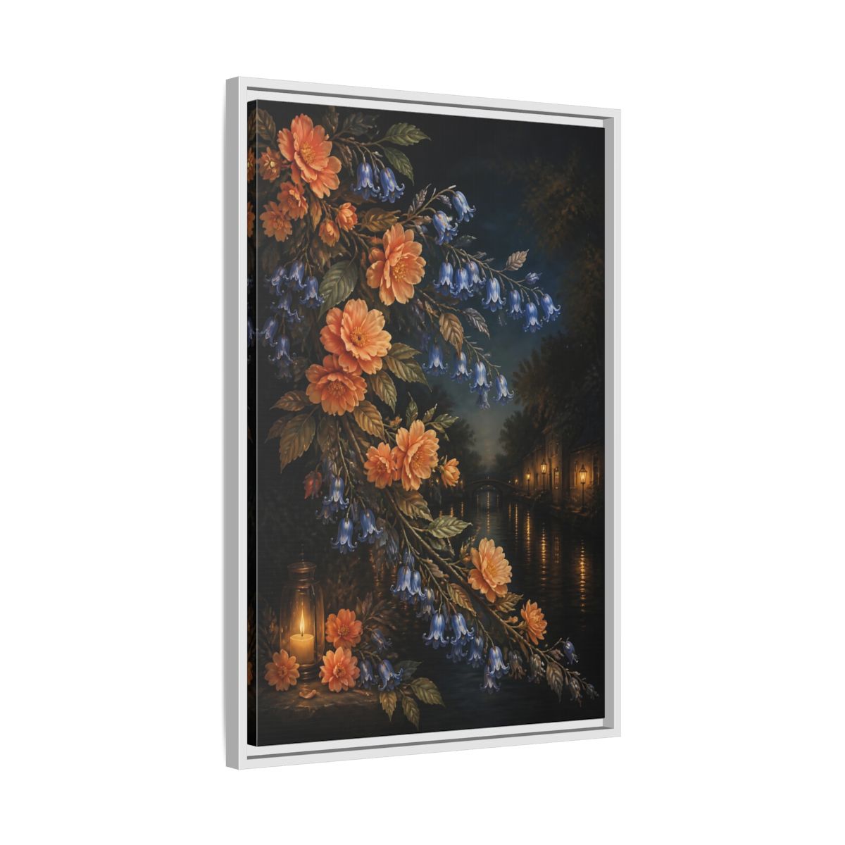 Side Mockup 10. Peach And Bluebell Flowers shown as framed canvas print