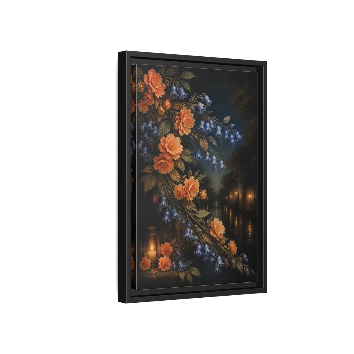 Side Mockup 6. Peach And Bluebell Flowers shown as framed canvas print