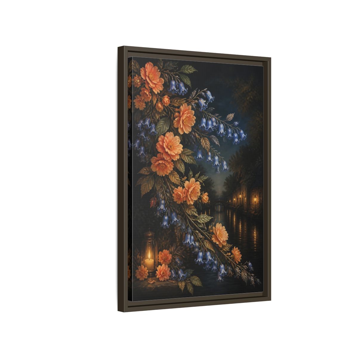 Side Mockup 2. Peach And Bluebell Flowers shown as framed canvas print