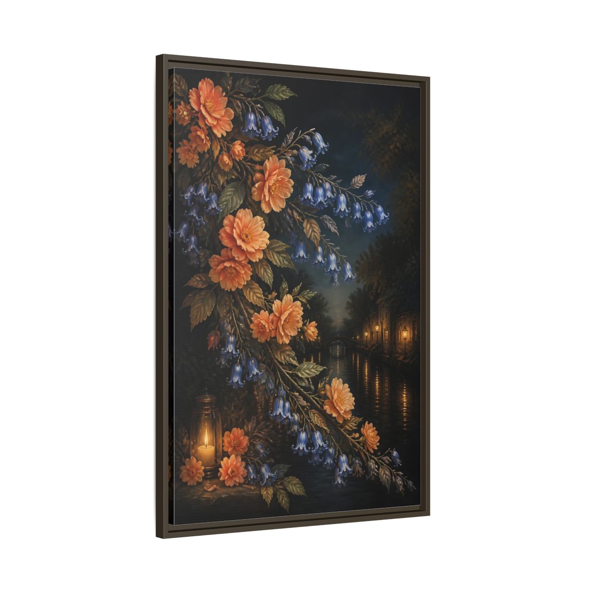 Main Mockup. Peach And Bluebell Flowers shown as framed canvas print