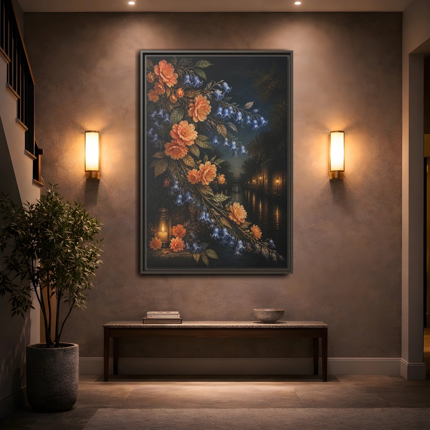 Mockup 2. Peach And Bluebell Flowers shown as framed canvas print